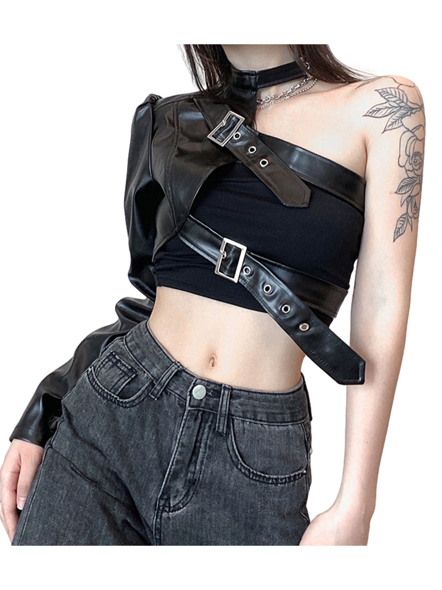 Leather Goth Crop Top for Women Punk Single Long Sleeve Neck Hanger Leather Belt Connected Tops 80s Emo Alt Punk Jacket Coat
