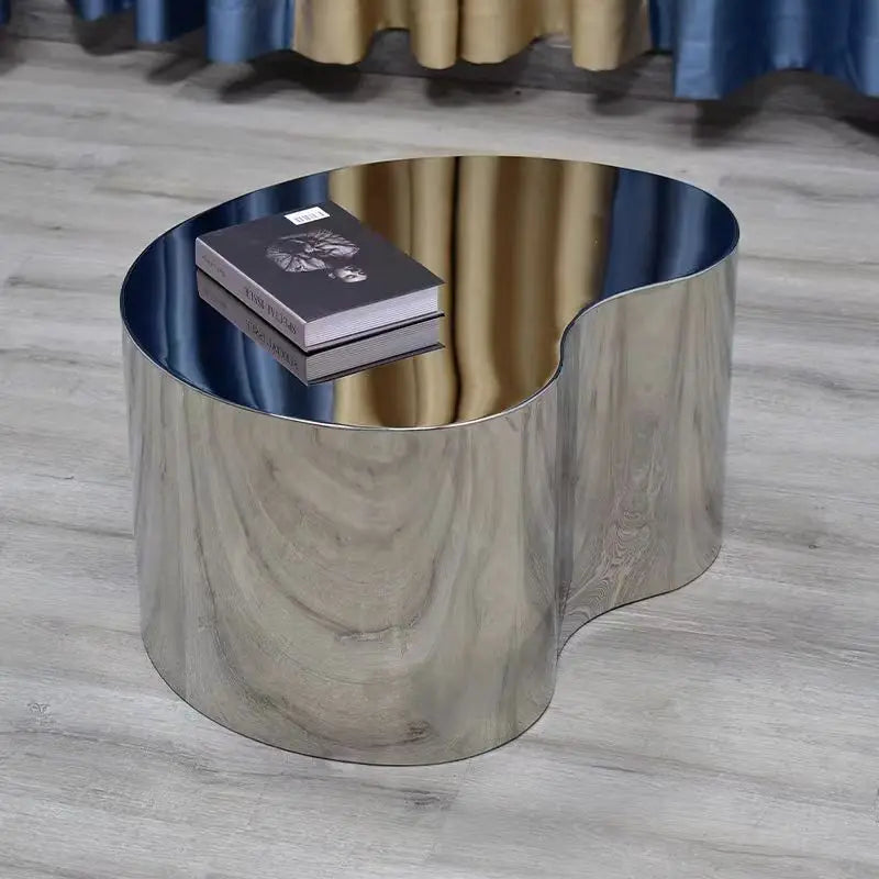 Industrial Metal Coffee Table Sculptural — Brushed Stainless Steel | KIMLUD
