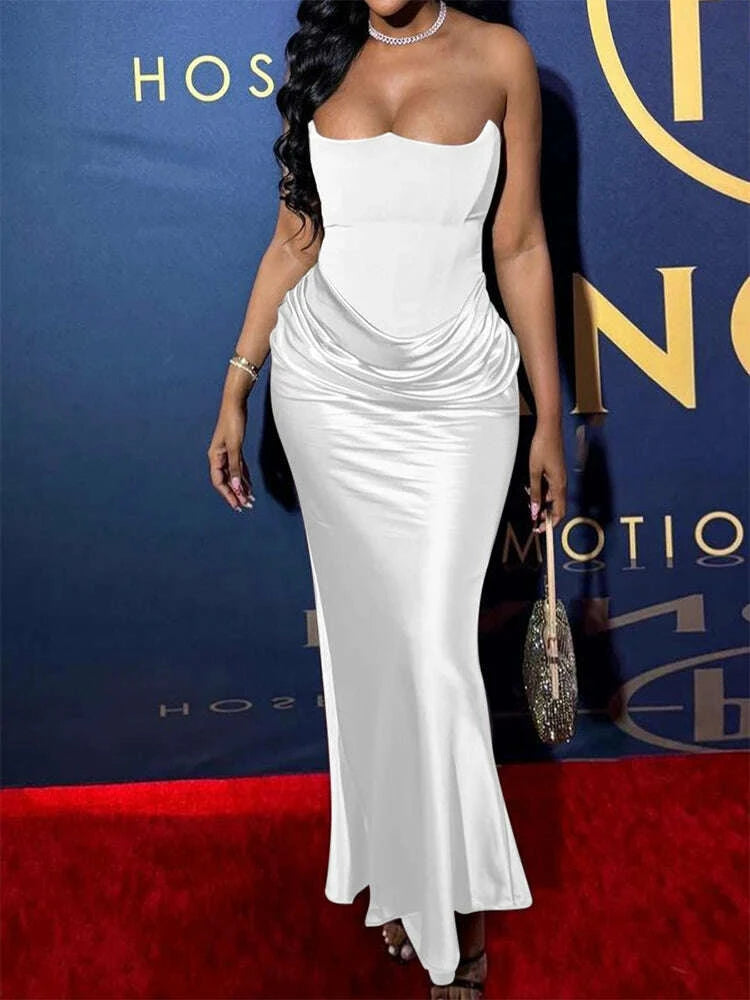 Elegant Pink Strapless Satin Patchwork Maxi Dress Women Sexy Sleeveless Ruched Bodycon Dresses Evening Cocktail Party Long Dress