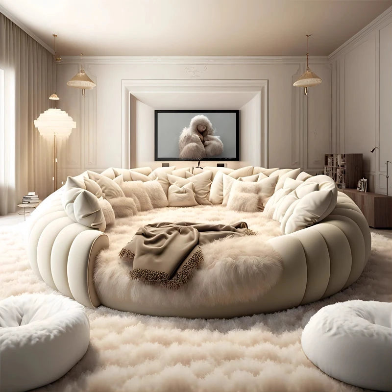 Ivory-Cream Upholstered Round Bed Built-In Backrest — Ivory-Cream | KIMLUD