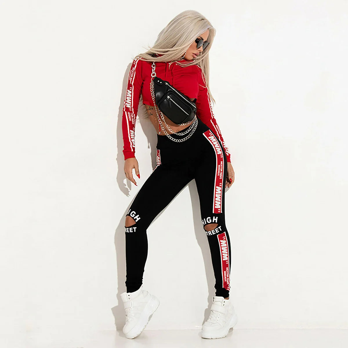 Two-Piece Set Hoodie Crop Letter Print — Black | KIMLUD