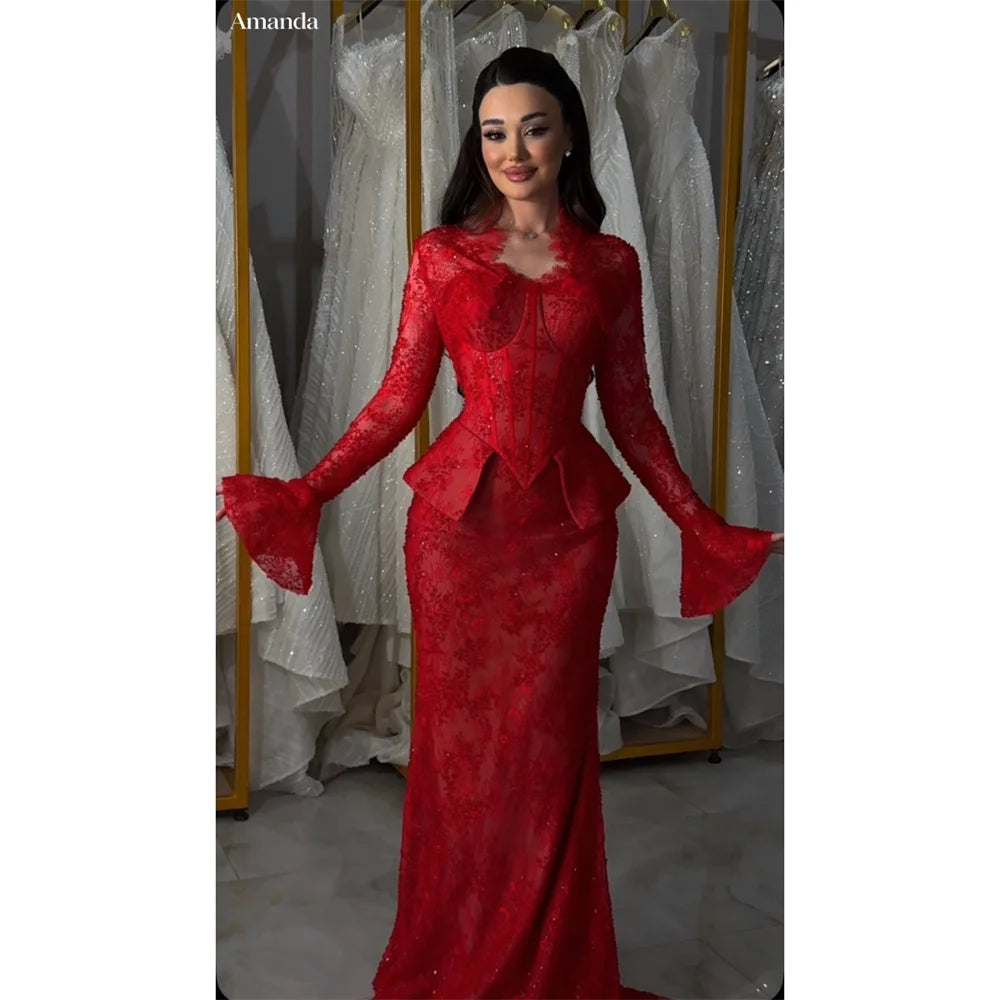 Amanda Customized Two piece Long Sleeve Peplum Mermaid dress Evening Gowns Red Floral Lace Floor-length Luxurious Prom Dresses