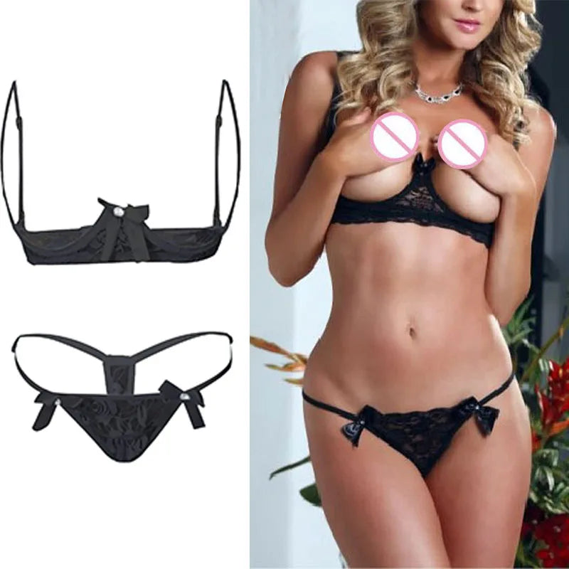 Sexy Fancy Bow Tie Underwear Women Sexy Lingerie Lace Hollow Out Bra Set Erotic Bikinis Porn 2Piece Sex Set Transparent Clothes