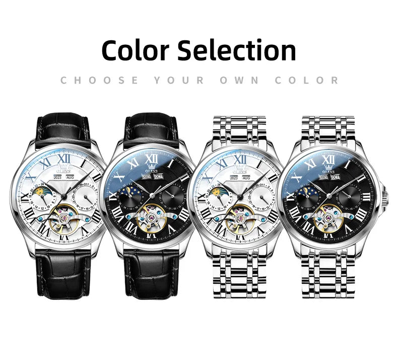 Moon Phase Mechanical Watch Automatic Self-Wind — Silver | KIMLUD
