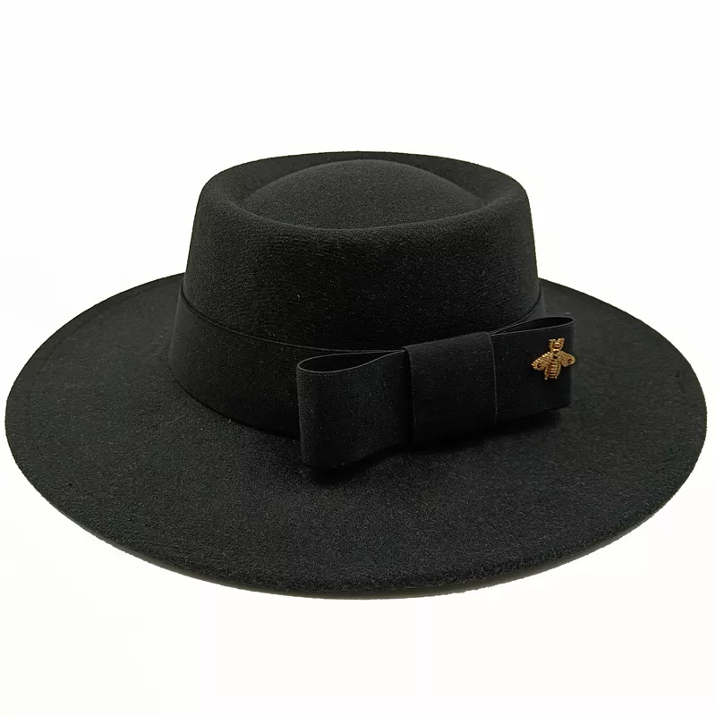 Wholesale Fedora hats Winter round concave convex surface flat top bow elastic ribbon men&#39;s and women&#39;s felt jazz hats Fedora - KIMLUD
