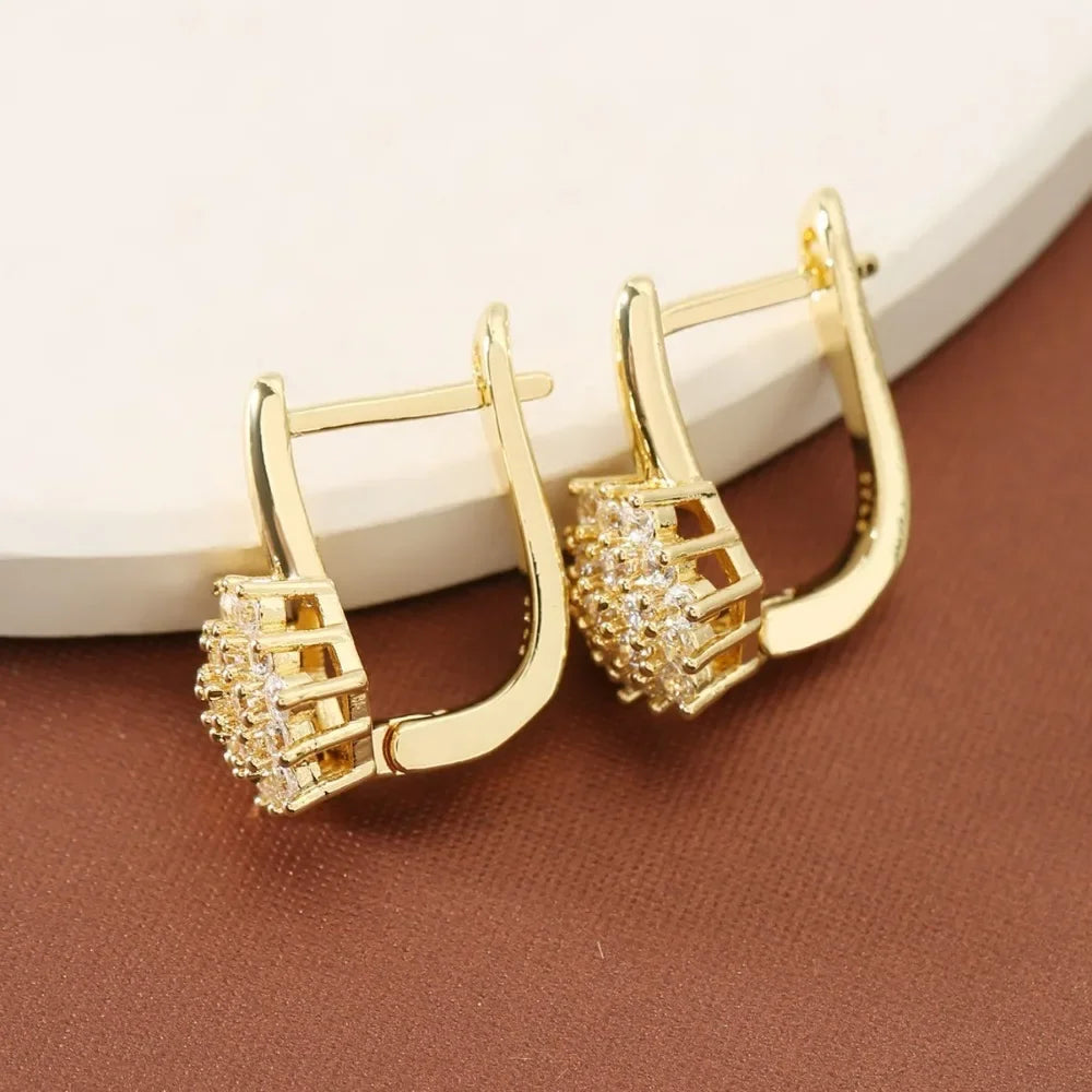 Stainless Steel Hoop Earrings U Shape Zircon Flower — Gold | KIMLUD
