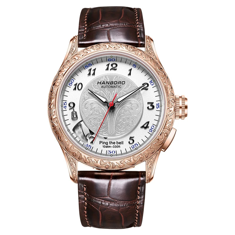 HANBORO Mechanical Alarm Watch Men Automatic Ping Bell Hourly Chime Luxury 100M Waterproof Sapphire Steel Business Unique