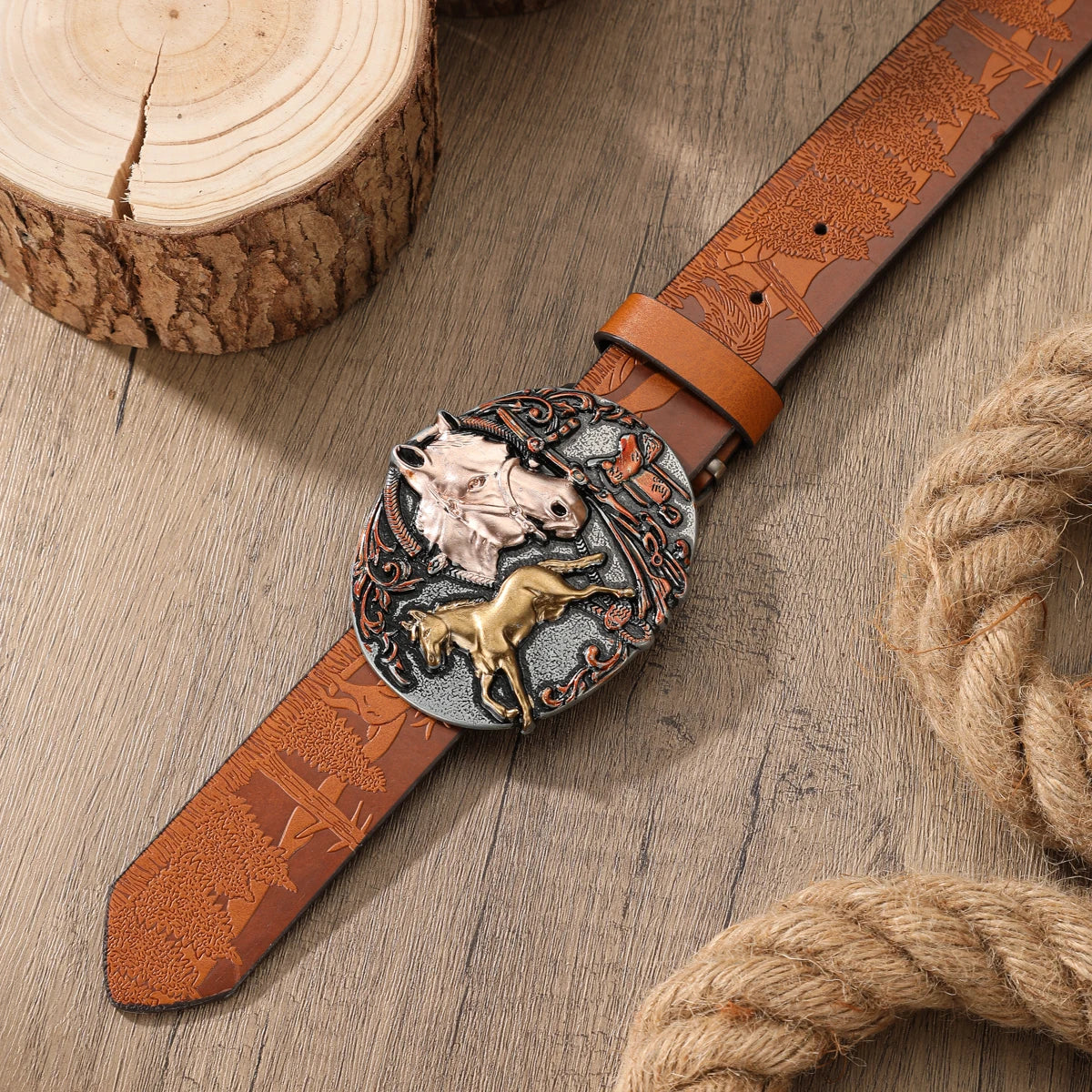 Retro Western PU Embossed Buckle Belt — Brown | KIMLUD