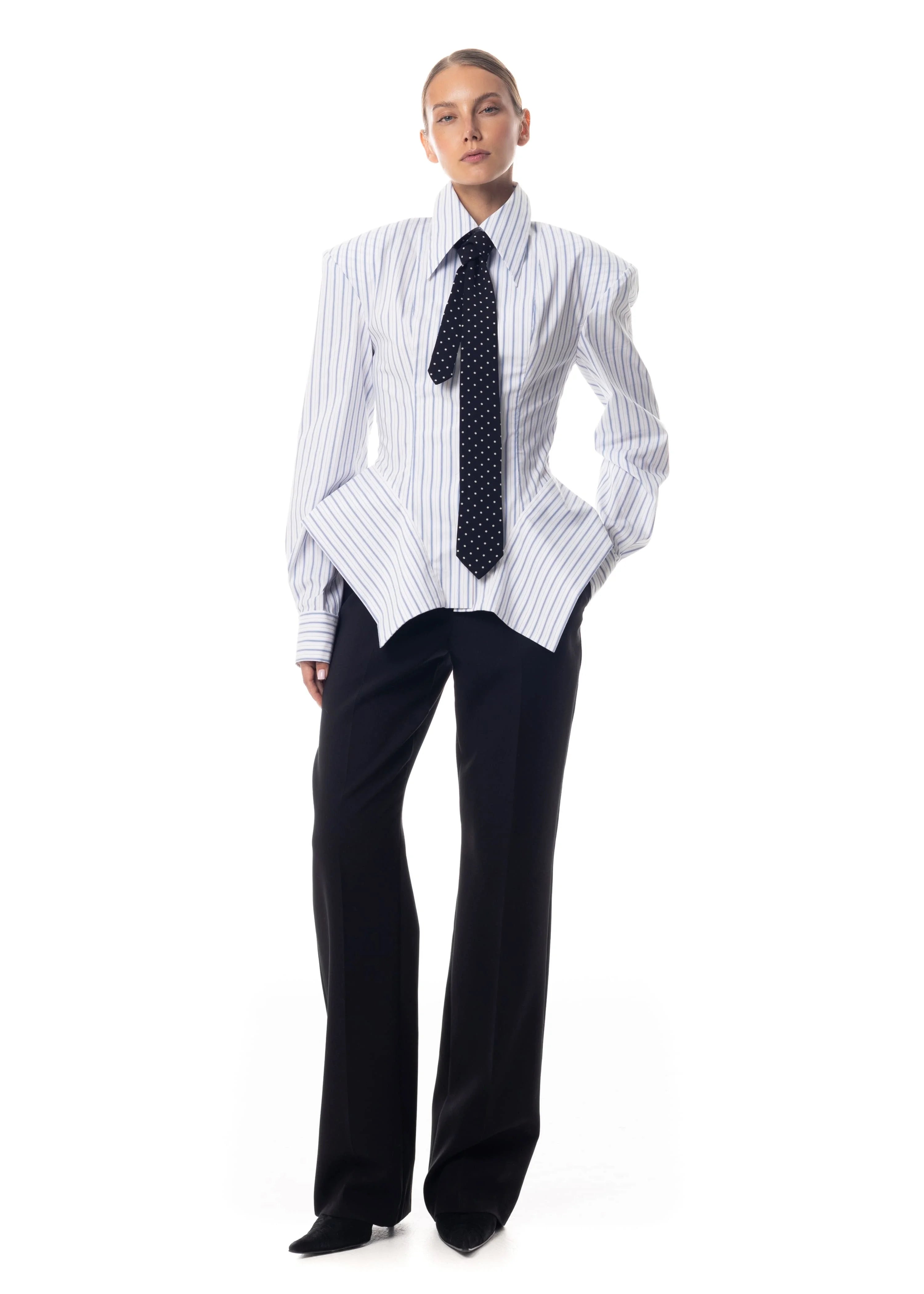 Collar Striped Shirt Asymmetrical Hem Cinched Waist — White | KIMLUD
