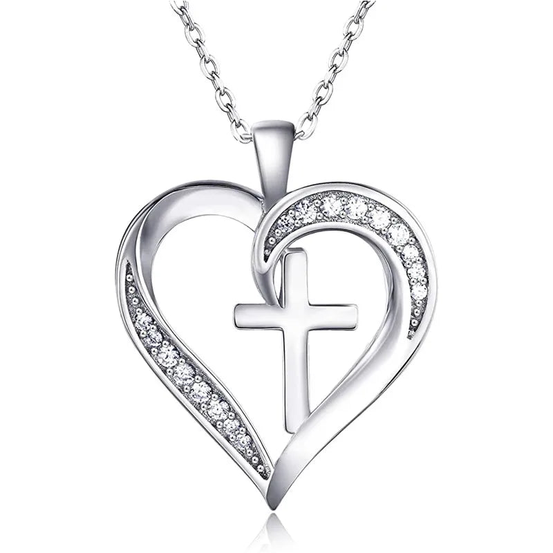 Silver-Tone Necklace Heart Cross Pendant — Silver | KIMLUD