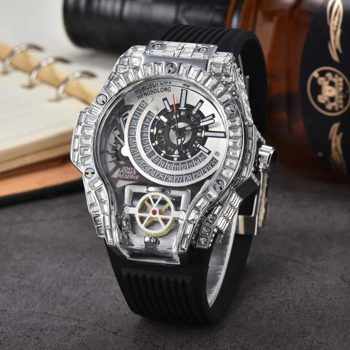 Luxury Diamond Case Mens Quartz Watches — Black | KIMLUD