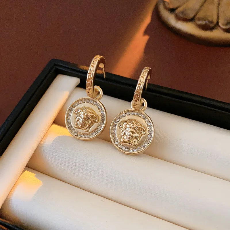 Resin Zinc Alloy Medusa Round Pendant Earrings — Gold | KIMLUD