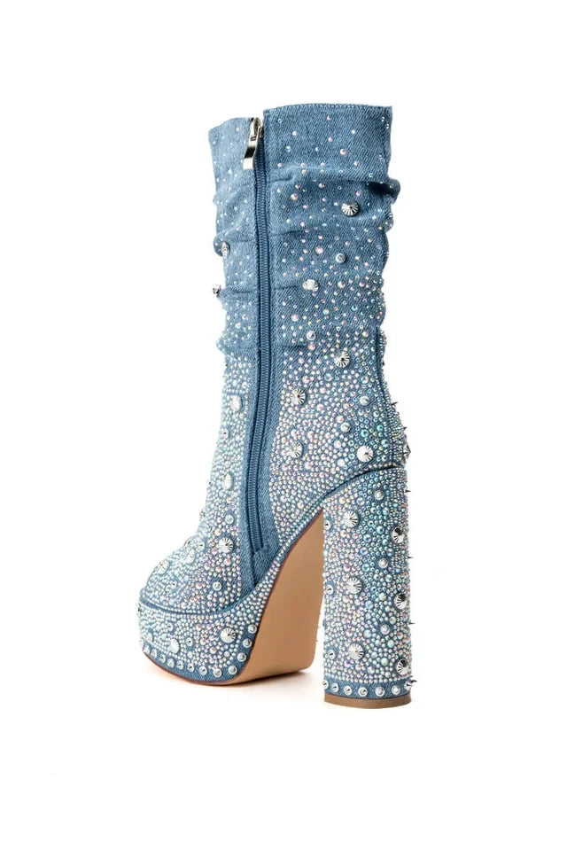Mid-Calf Boots – Crystal Embellished Pointed Toe – High Heel | KIMLUD
