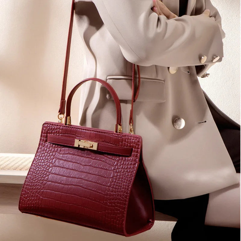 PU Leather Crocodile Satchel Bag — Burgundy | KIMLUD