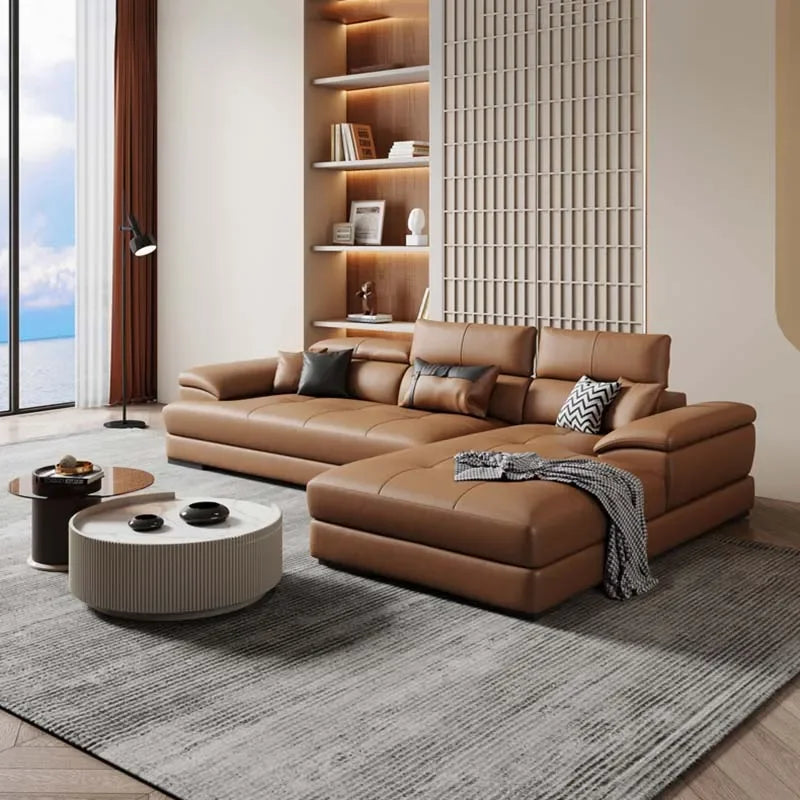 Genuine Leather Sectional Sofa Modular Corner — Camel Tan | KIMLUD