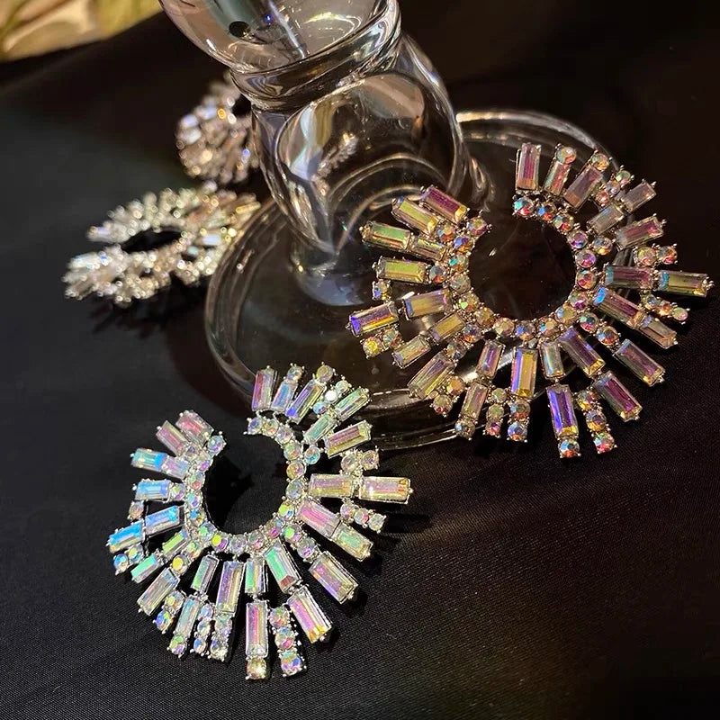 Crystal Statement Earrings Large Circle Flower Rhinestone — Crystal | KIMLUD