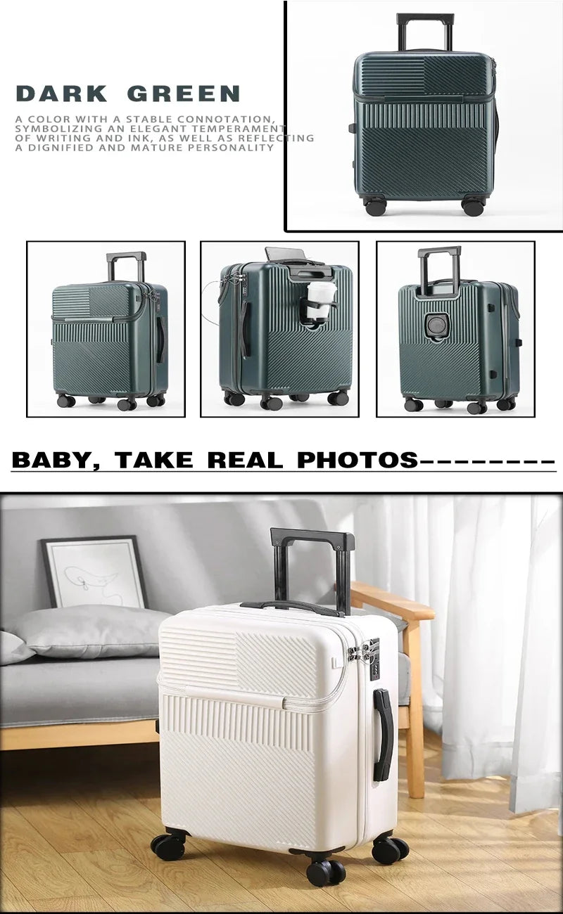 Polycarbonate Carry-On Luggage 20-Inch Lightweight With Cup Holder — Metallic Silver | KIMLUD