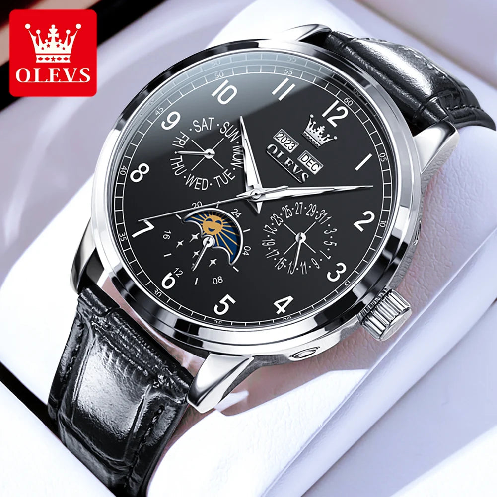 Leather Dress Watch Moon Phase Automatic — Black | KIMLUD
