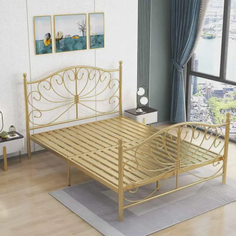 Gold-Tone Metal Bed Frame Sculptural Minimalist Modern Design Centerpiece — Gold | KIMLUD