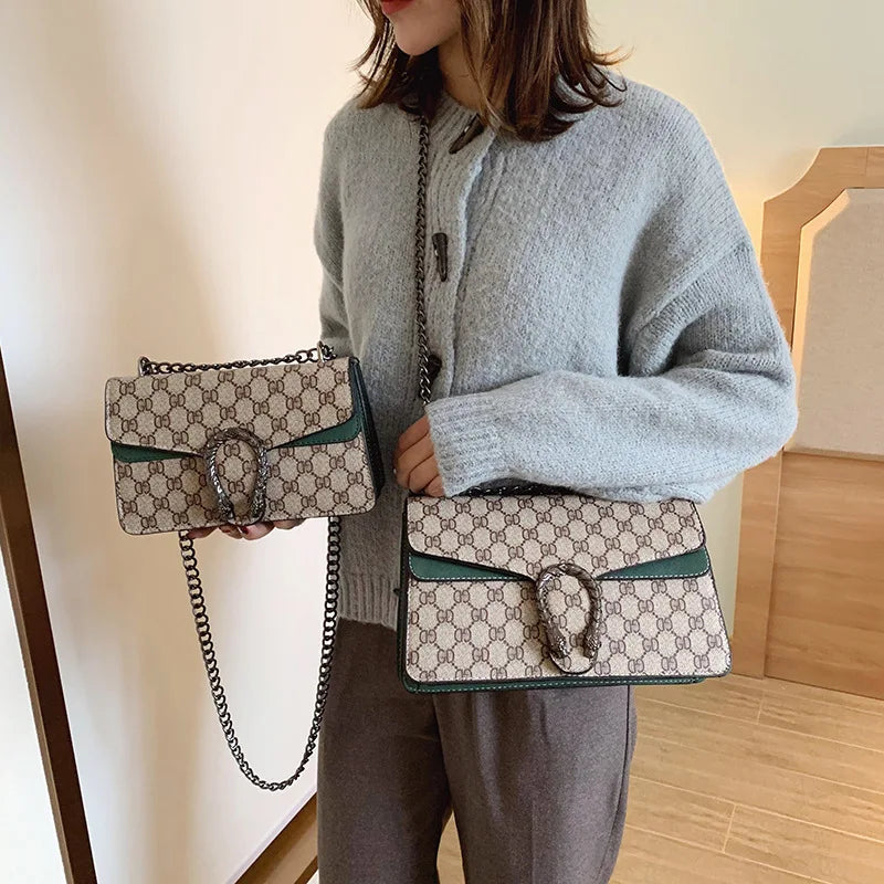PU Mini Crossbody Bag Vintage Print With Chain Strap Monogram — Beige-Cream | KIMLUD