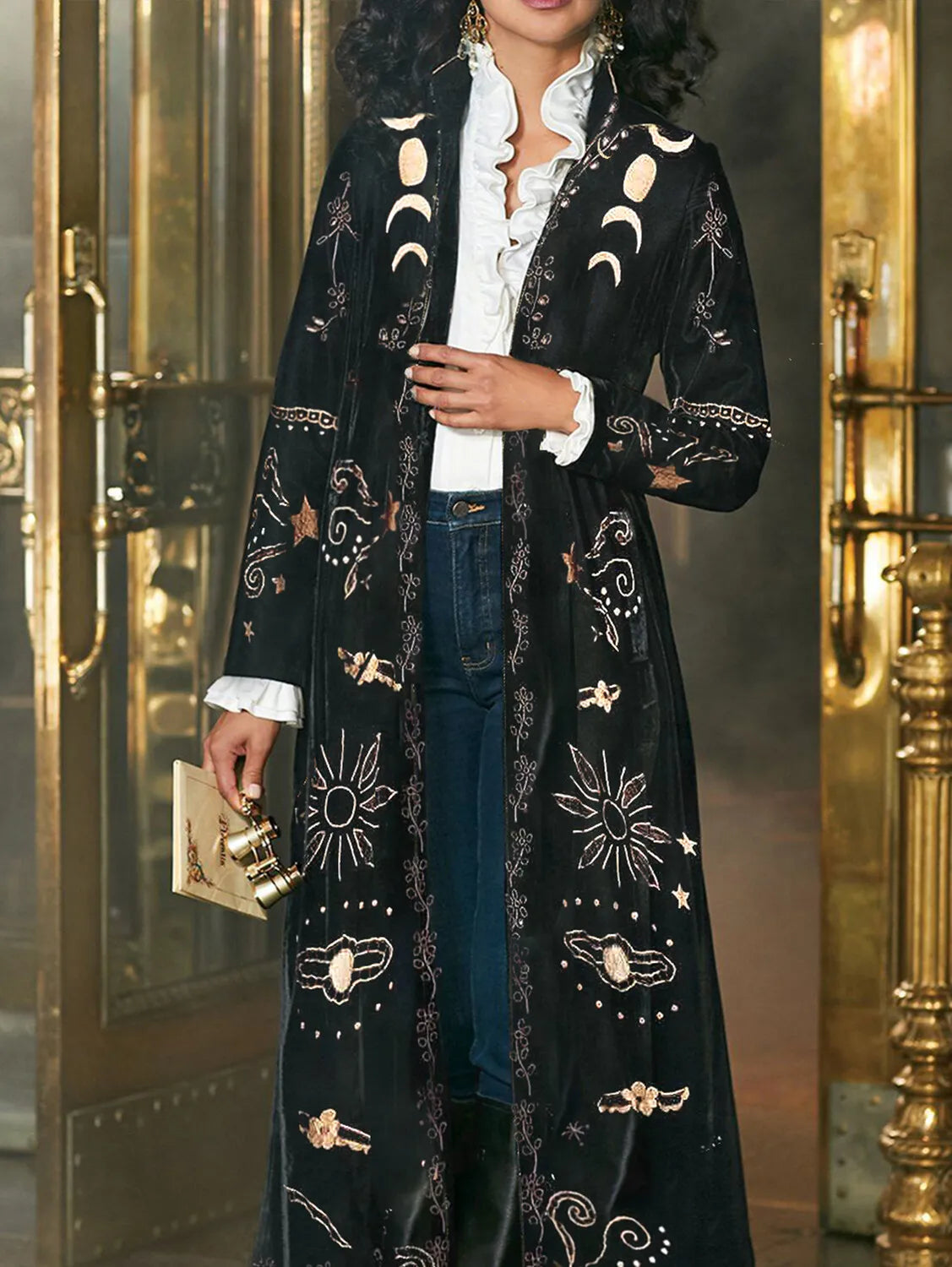 Spring Fashion Velvet Cardigan Coat Women Elegant Stand Collar Retro Printed Slim Long Sleeve Maxi Outerwear Coats Soft Jacket