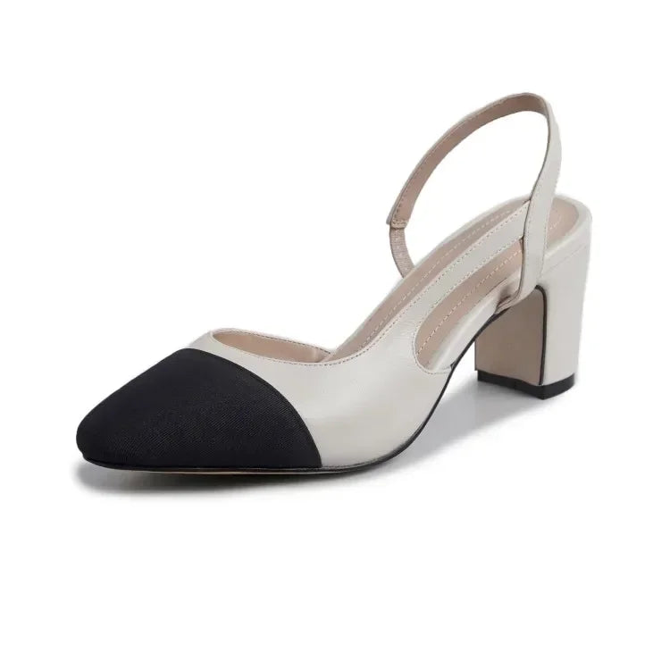 Genuine Leather Slingback Pumps Cap Toe — Beige Nude | KIMLUD