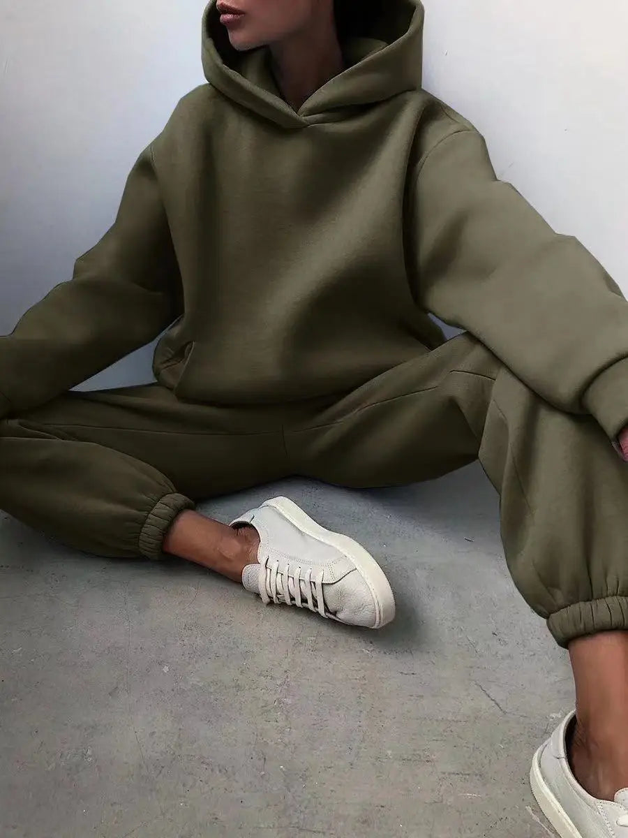 Oversized Tracksuit Set Two Piece Winter Fleece Hoodie and Sweatpants Cozy Warmth — Beige | KIMLUD