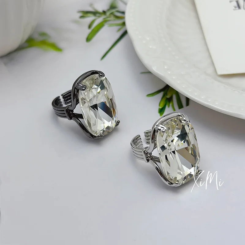 Rings Big Oval Clear Crystal Glass Open Rings — Clear | KIMLUD