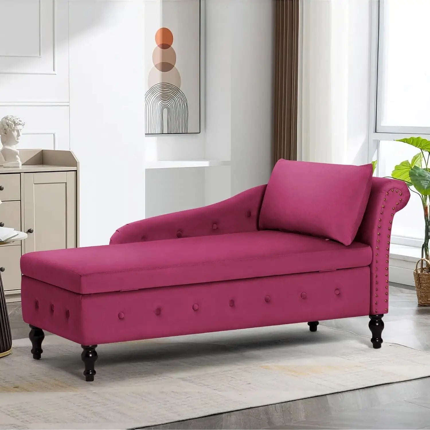 Velvet Chaise Lounge with Left Armrest & Storage Space,Button Tufted Lounge Chair w/Lumbar Pillow,Modern Upholstered Lounge Chai