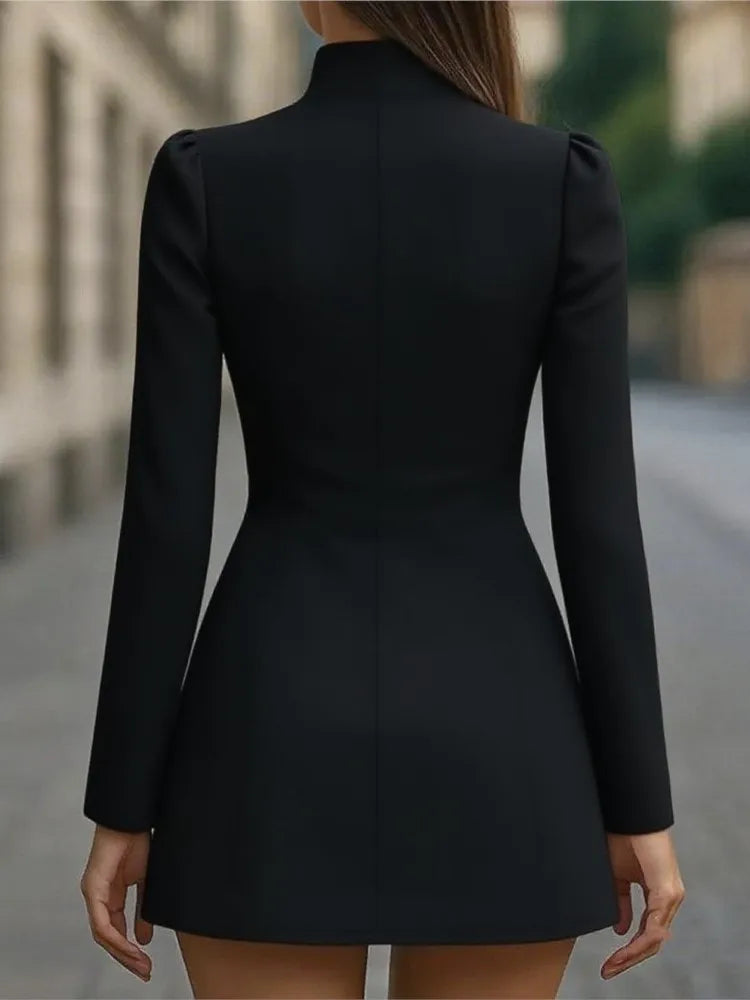 Spring Women's Elegant Stand Blazer Dress Fashion Single-breasted Solid Mini Dress Casual Long Sleeve Slim Party A-line Dresses