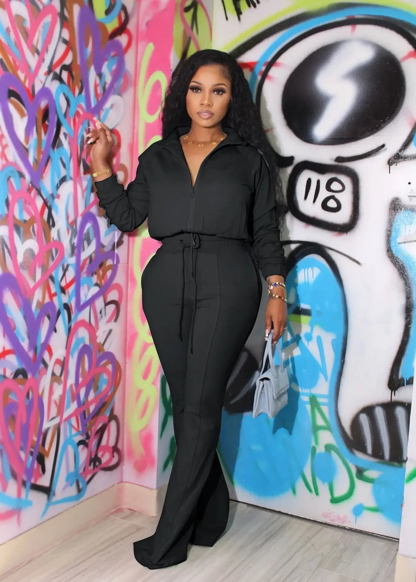 Two-Piece Tracksuit Silhouette Soft Sheen Satin Finish — Midnight Black | KIMLUD