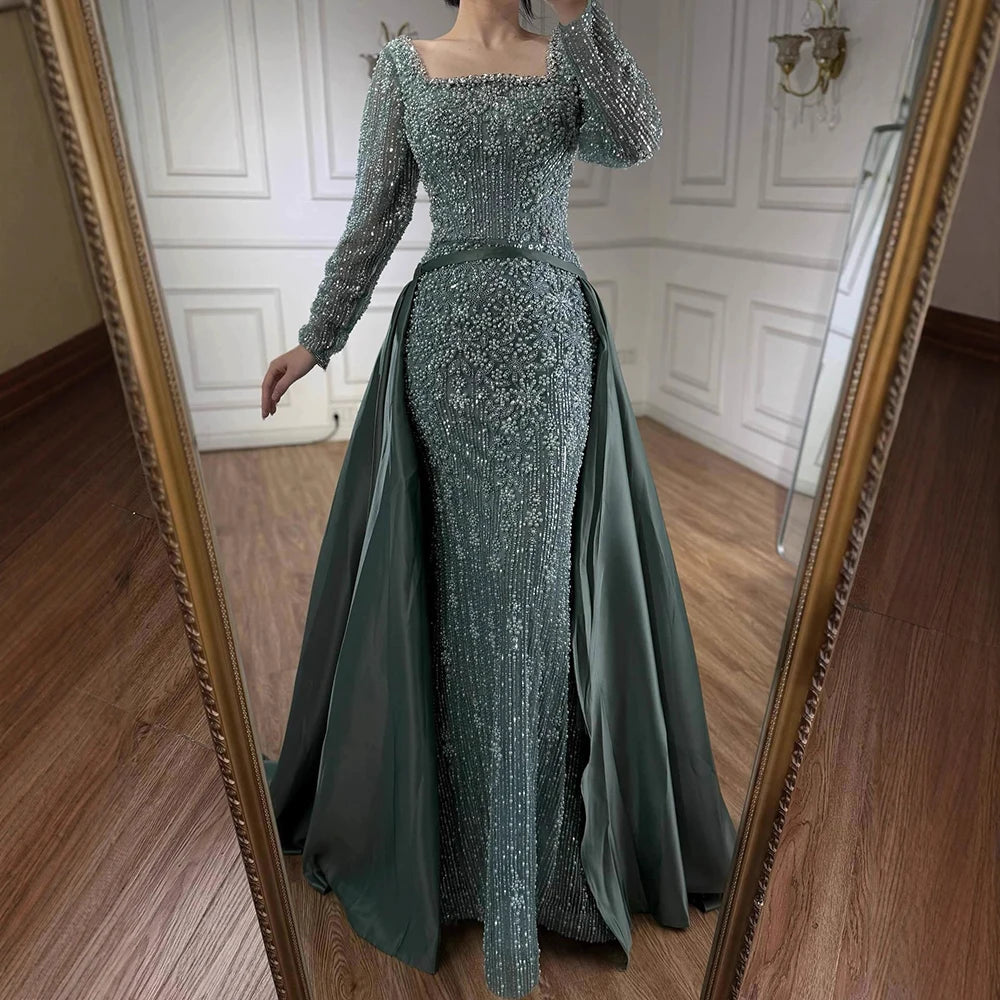 Mermaid Beaded Evening Gown With Overskirt And Built-In Bra In Luxe Beadwork — Caramel | KIMLUD