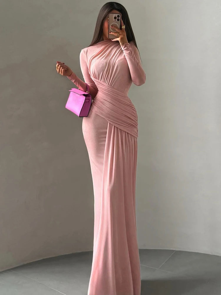 Kliou Ruched Elegant Long Dress Woman Autumn Trend o-Neck Full Sleeve Skinny Stretch Street Y2K Casual Style Classic Vestidos