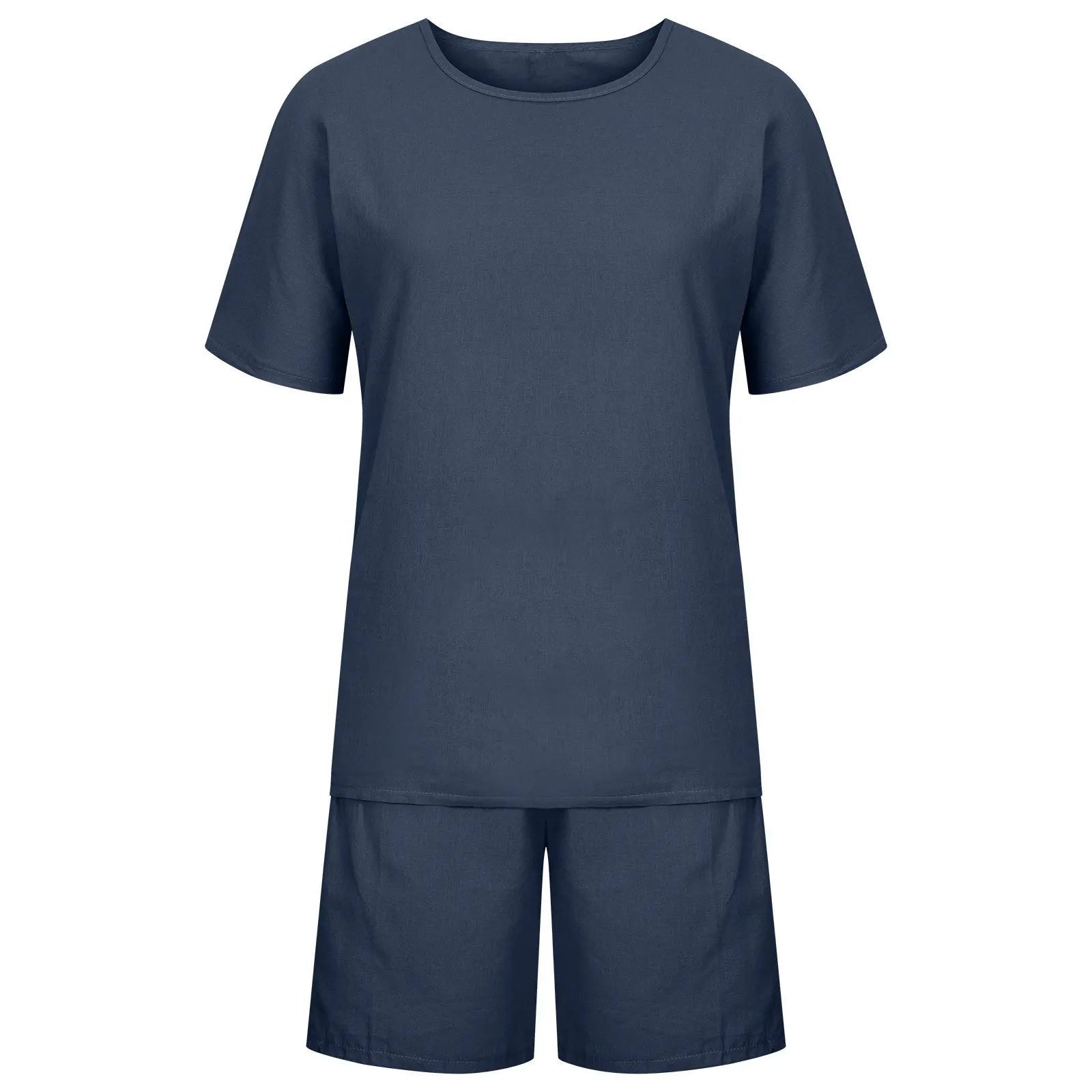 Cotton-Linen Two-Piece Set Plus Size Relaxed-Fit Short-Sleeve Top And Shorts — Steel-Blue | KIMLUD