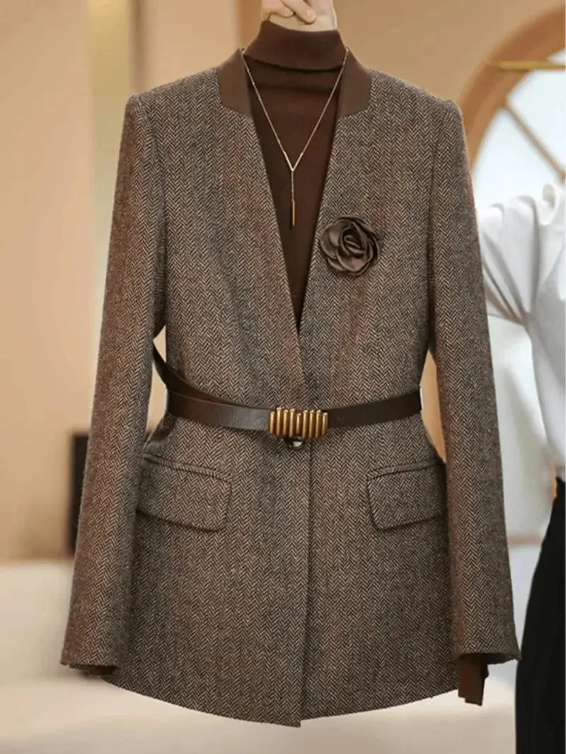 Plus Size 4XL High Quality Coffee colored Suit Jacket For Women Spring Outwear Fashion Simple Wool Coat Autumn Blazer With Belt