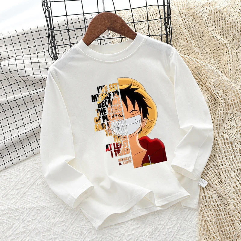 One Piece Children T-shirt Long Sleeve Children Clothing Fashion Hip Hop Round Neck Cotton Toddler Summer Cartoon Anime Toddler