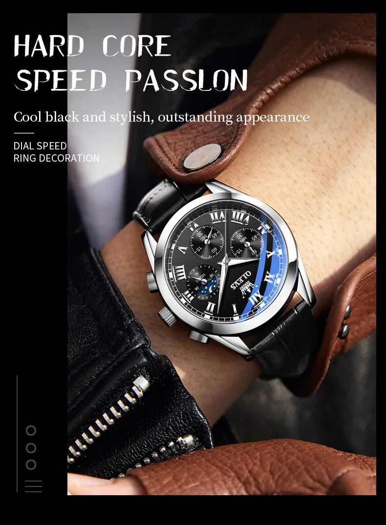 Rose-Gold Chronograph Moon Phase Watch Leather Strap — Black | KIMLUD