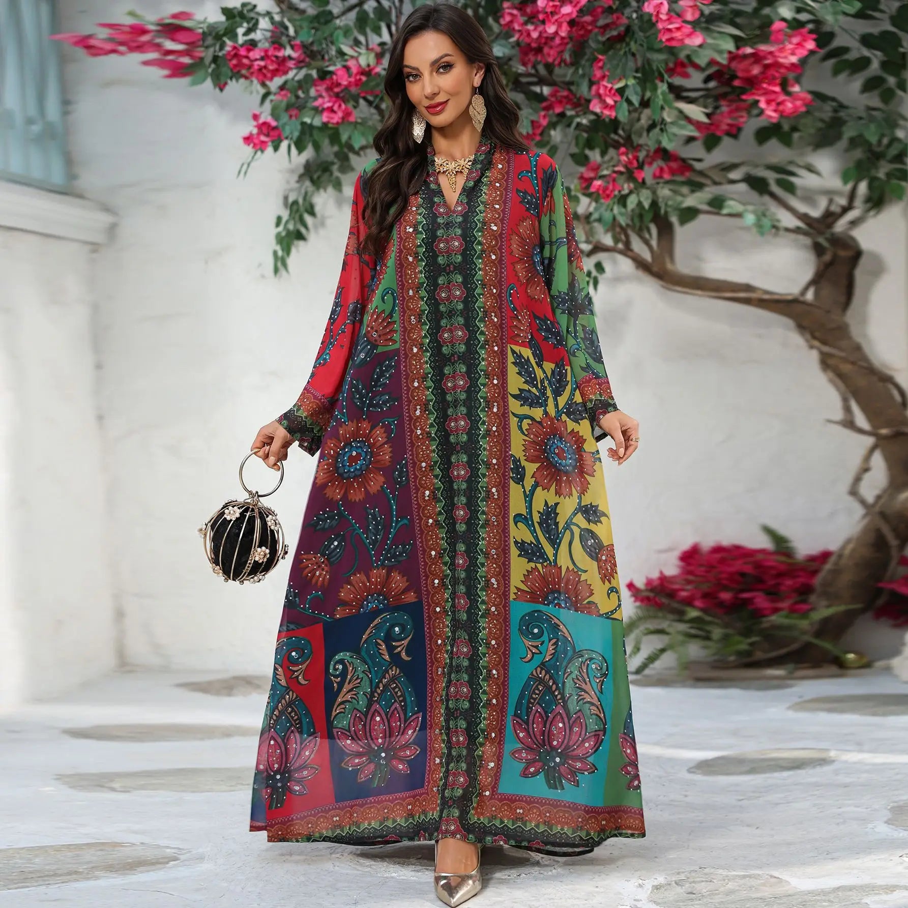 Polyester Abaya Dress Diamond Print — Multicolor | KIMLUD