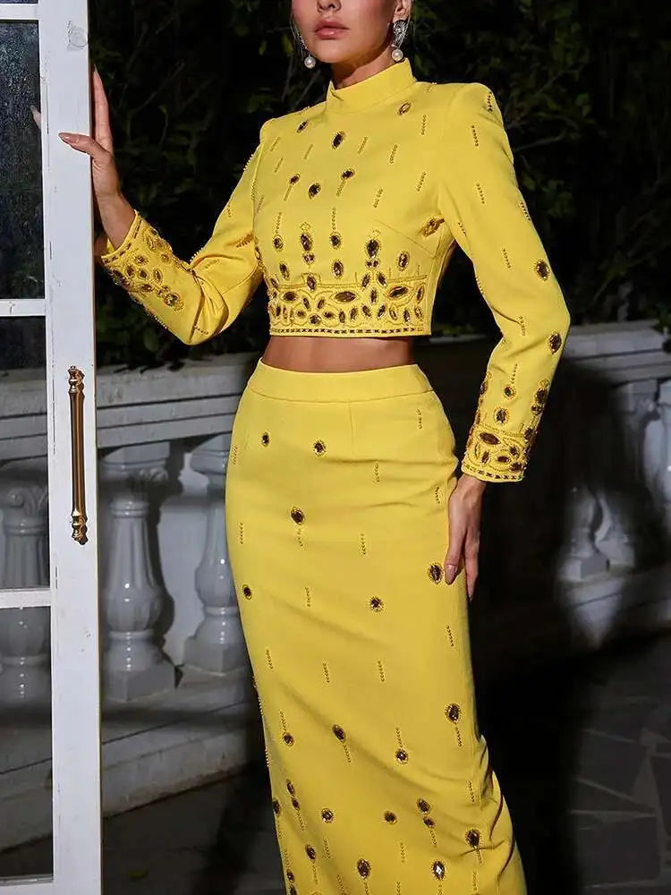 KIMLUD, TWOTWINSTYLE Solid Spliced Diamonds Two Piece Set For Women Stand Collar Long Sleeve Tops High Waist A Line Skirt Set Female New, KIMLUD Womens Clothes