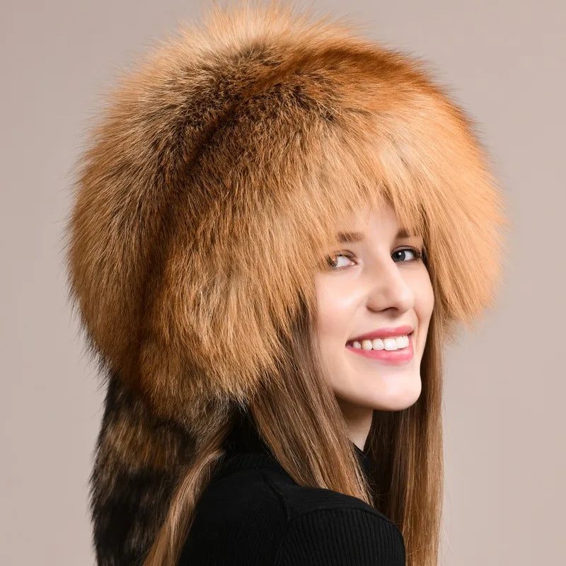 Winter Fur Women Hat with Tail Real Fox Fur Hat Luxury Raccoon Fur Beanies Warm Ear Protect Unisex Bomber Hat Wholesale Bonnets