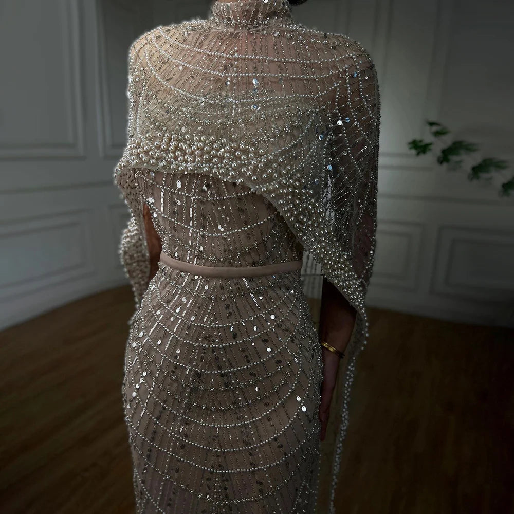 Beaded Gown With Mermaid Cape — Dubai Nude | KIMLUD