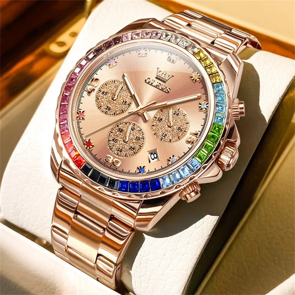 Stainless Steel Watch Rainbow Gemstone Bezel — Rose Gold | KIMLUD