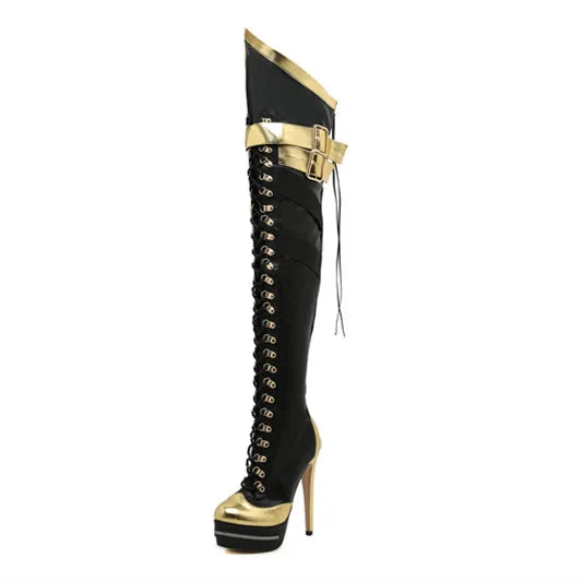 2025 Sexy Women Pointed Toe Thigh High Boots Stiletto Heel Pumps Over The Knee Bootie Platform Zipper Cross Strap Buckle Punk