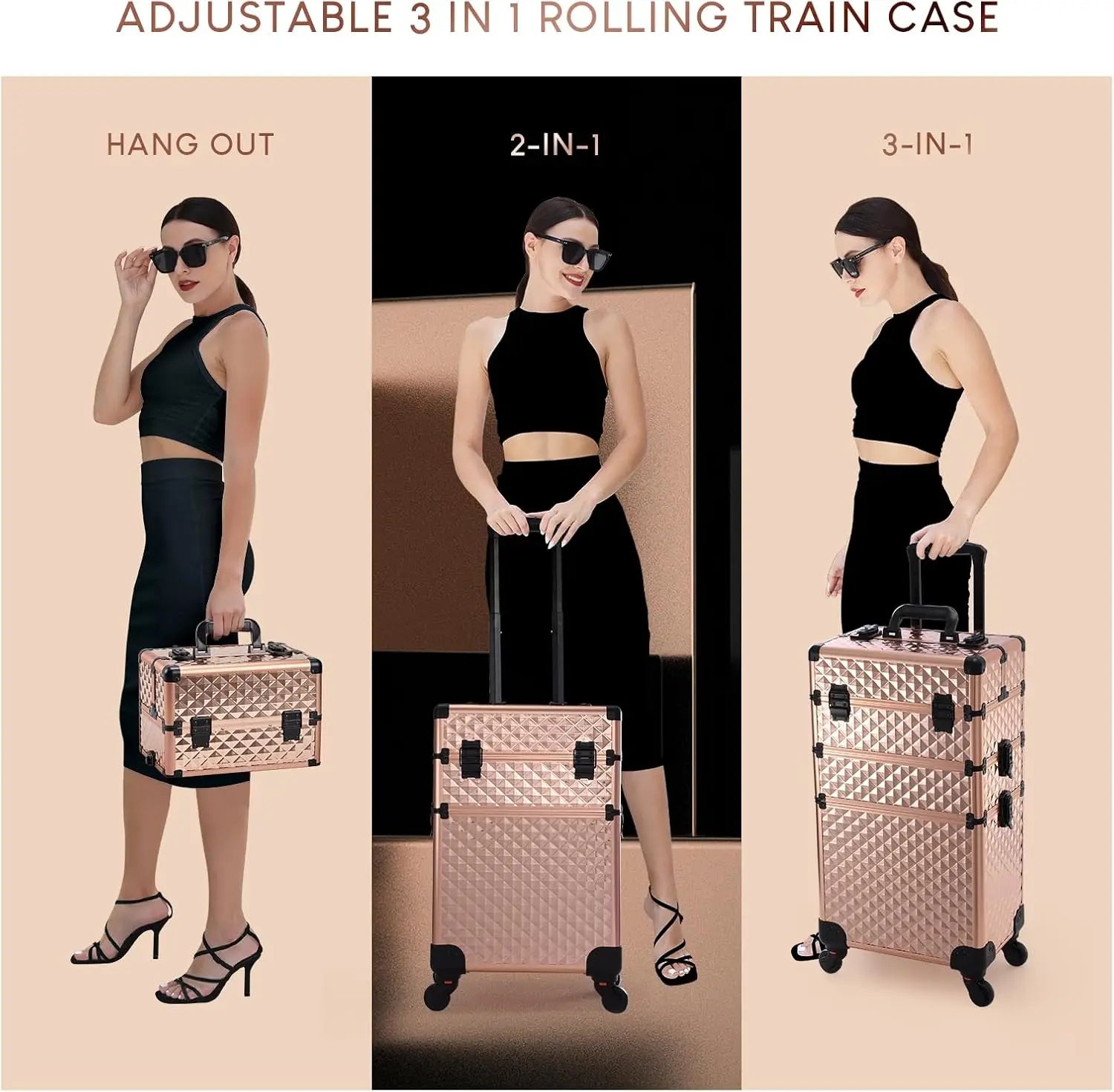 Rolling Makeup Train Case 3 in 1 Professional Cosmetic Trolley Large Storage keys Wheels Case Cart Trunk for Make Up Nail Tech