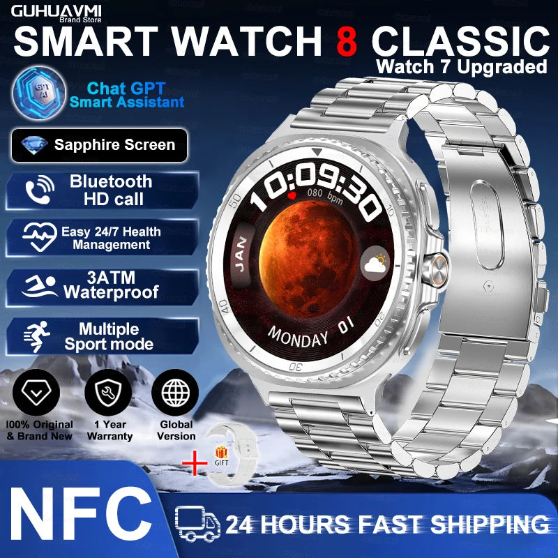 46mm Watch 8 Ultra Classic GPS Compass NFC SmartWatch Men AMOLEDS Rotating Dial BT Call 3ATM Waterproof Watch7 Upgraded Watches