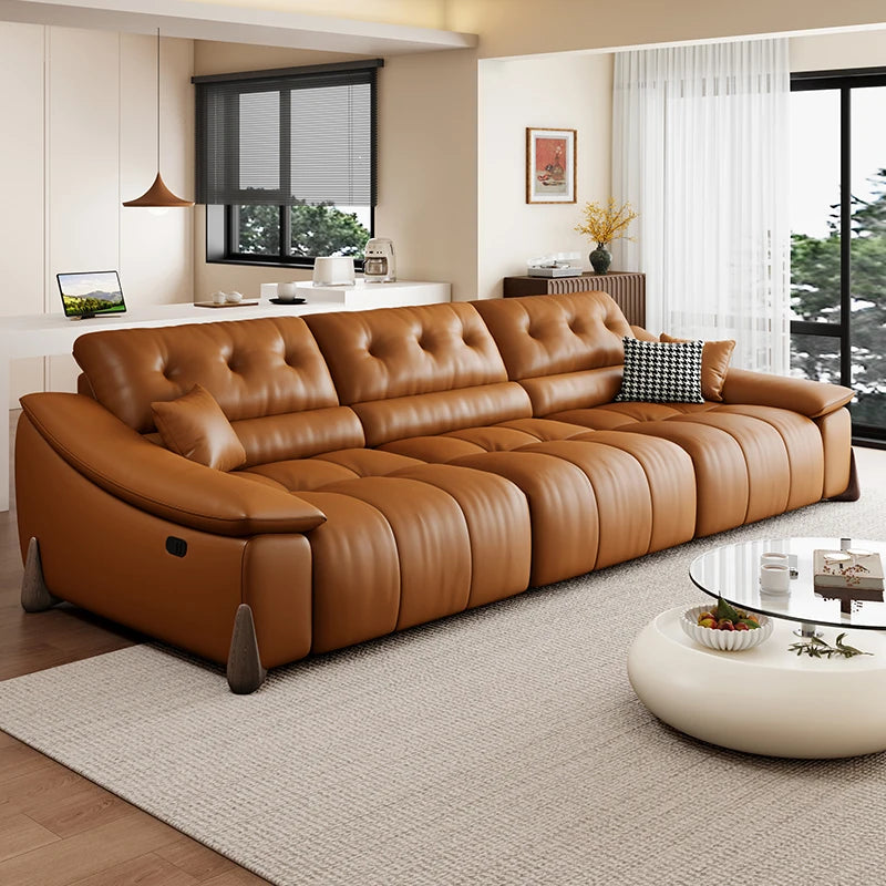 Leather Minimalist Sofa Bed With Hand-Finished First Layer Cowhide And Subtle Italian Hardware — Caramel Brown | KIMLUD