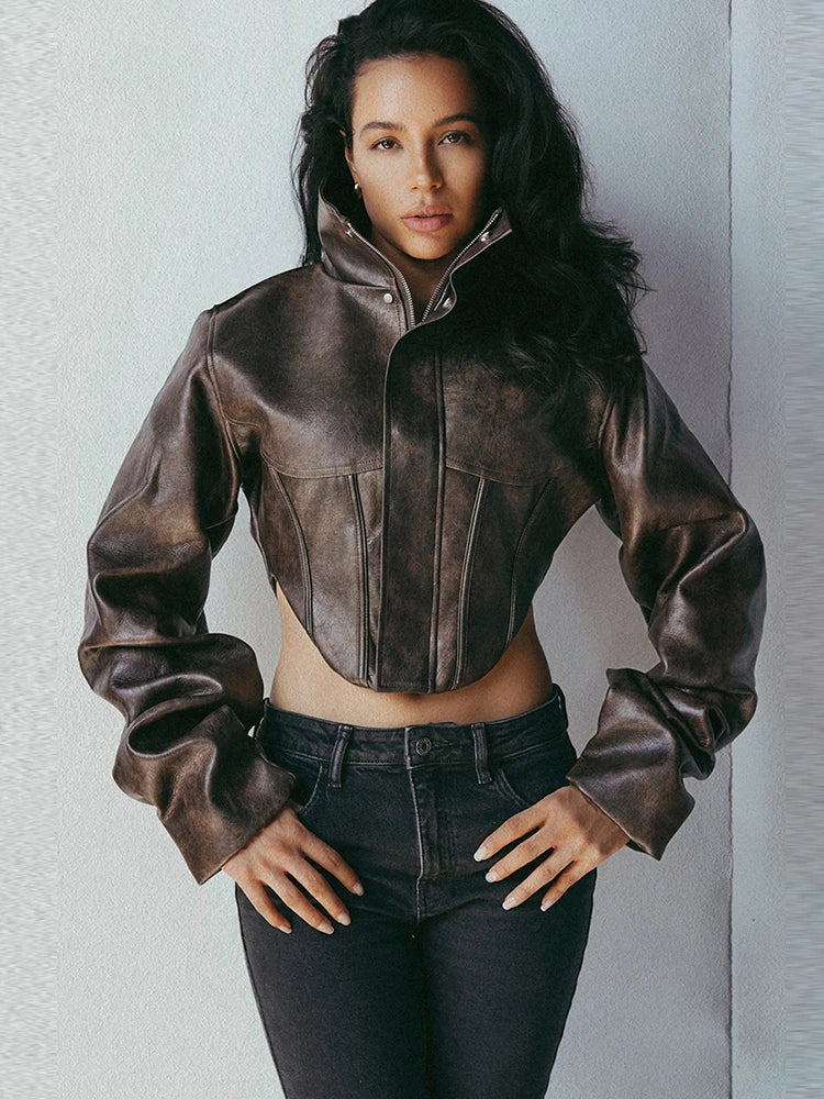Crop Jacket – Irregular Zip Button – PU – Midnight | KIMLUD