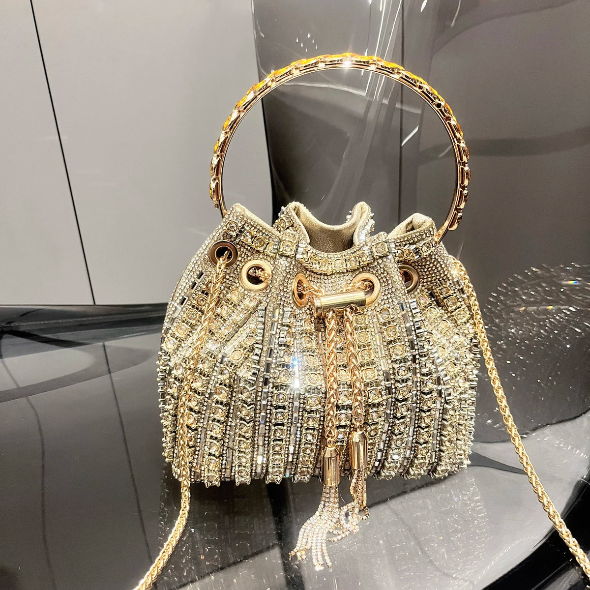 Bucket Bag – Crystal Rhinestone Accent – Polyester | KIMLUD