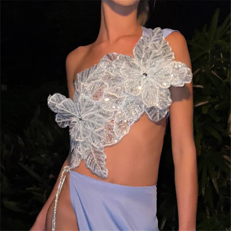 Lace Up Tops Sequin Flowers Glam Details — Multicolor | KIMLUD