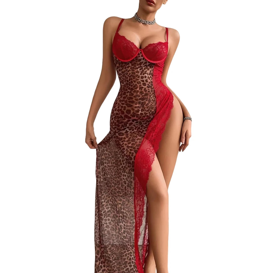 Leopard Print Lace Sleep Set With High Slit — Beige | KIMLUD